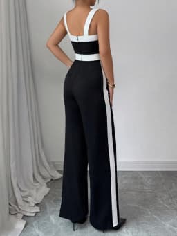 Women's Black White Jumpsuit Square Neck Contrast Trim Ideal for Evening Events Parties Elegant Styles