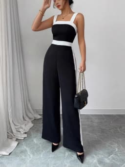 Women's Black White Jumpsuit Square Neck Contrast Trim Ideal for Evening Events Parties Elegant Styles