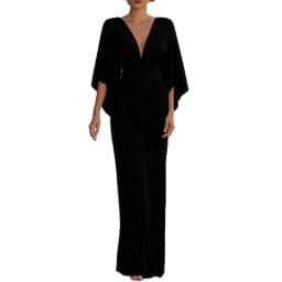 Deep Surplice V Neck Dolman Batwing Sleeve High Waist Ruched Front Floor Length Maxi Dress