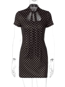 Dulzura Turtleneck Short Sleeve Lace Up Hollow Out Polka Dot Mini Dress Women'S Fashion Sexy Elegant Dress Party Vacation Outfit