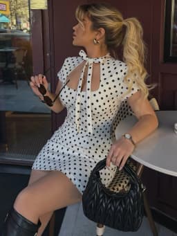 Dulzura Turtleneck Short Sleeve Lace Up Hollow Out Polka Dot Mini Dress Women'S Fashion Sexy Elegant Dress Party Vacation Outfit