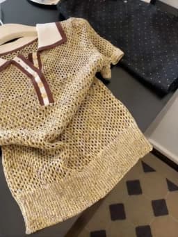 Vintage 2000s Shiny Knit Short Sleeve Tee Women Polo Neck Summer Tops Brown Hollow out Knitwear Lady Clothes Casual T-shirt