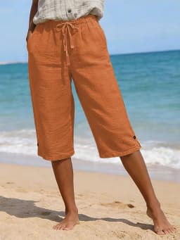 Women's Solid Color Cotton Linen Loose Fit Belted Front & Back Multiple Pockets Capri Pants