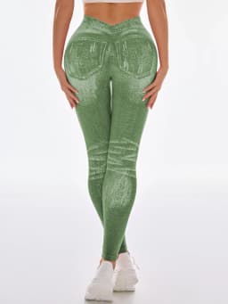 Women's Gym Printed Yoga Tight Pants Seamless High Waisted Denim-like Perforated Fake Pocket Tight Pants Yoga Fitness Leggings