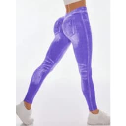 Women's Gym Printed Yoga Tight Pants Seamless High Waisted Denim-like Perforated Fake Pocket Tight Pants Yoga Fitness Leggings