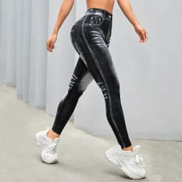 Women's Gym Printed Yoga Tight Pants Seamless High Waisted Denim-like Perforated Fake Pocket Tight Pants Yoga Fitness Leggings