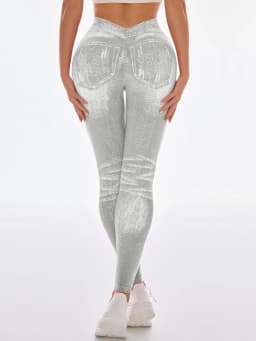 Women's Gym Printed Yoga Tight Pants Seamless High Waisted Denim-like Perforated Fake Pocket Tight Pants Yoga Fitness Leggings