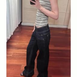 Women's American Blue Button Design Jeans Low Waist Straight Leg Loose Wide Leg Drapey Long Pants Y2K Style Slimming Denim