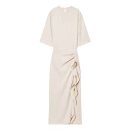 BSAY 2026 Women's Solid Color Round Neck Half Sleeve Midi Dress Slim Fit Side Ruched Ruffle Split Elegant Commuter Formal Dress