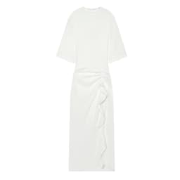 BSAY 2026 Women's Solid Color Round Neck Half Sleeve Midi Dress Slim Fit Side Ruched Ruffle Split Elegant Commuter Formal Dress