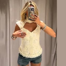 Vintage Trendy Lace Top Off‑white Stylish Casual Office Women Blouse Summer Leisure Cute Sweet Date Street Female Outfit