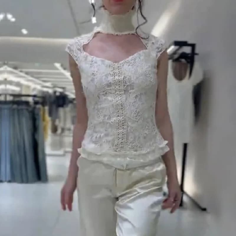 Vintage Trendy Lace Top Off‑white Stylish Casual Office Women Blouse Summer Leisure Cute Sweet Date Street Female Outfit