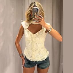 Vintage Trendy Lace Top Off‑white Stylish Casual Office Women Blouse Summer Leisure Cute Sweet Date Street Female Outfit