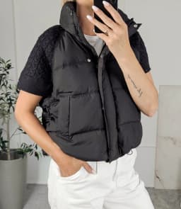 Women Chic Padded Vest Stand Collar Zipper Knit Short Sleeve Patchwork Cropped Coat Autumn Winter Fashion Commute Office Outfit