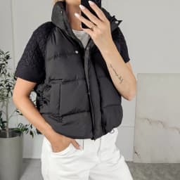 Women Chic Padded Vest Stand Collar Zipper Knit Short Sleeve Patchwork Cropped Coat Autumn Winter Fashion Commute Office Outfit