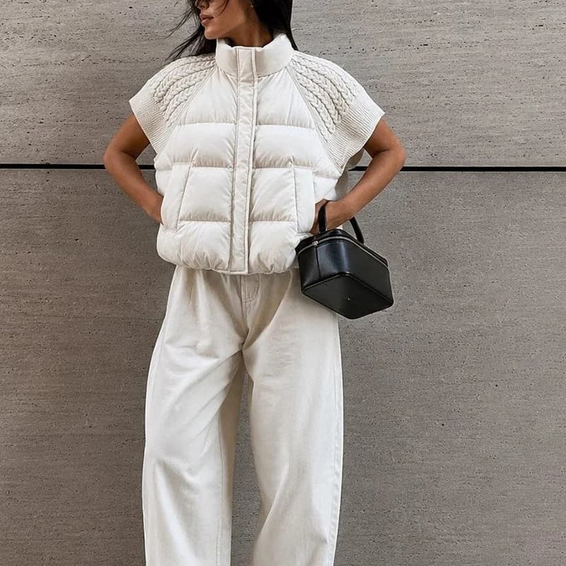 Women Chic Padded Vest Stand Collar Zipper Knit Short Sleeve Patchwork Cropped Coat Autumn Winter Fashion Commute Office Outfit