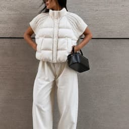 Women Chic Padded Vest Stand Collar Zipper Knit Short Sleeve Patchwork Cropped Coat Autumn Winter Fashion Commute Office Outfit