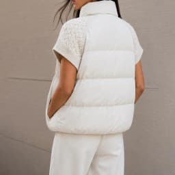 Women Chic Padded Vest Stand Collar Zipper Knit Short Sleeve Patchwork Cropped Coat Autumn Winter Fashion Commute Office Outfit
