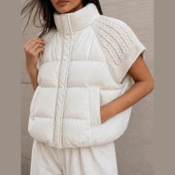 Women Chic Padded Vest Stand Collar Zipper Knit Short Sleeve Patchwork Cropped Coat Autumn Winter Fashion Commute Office Outfit