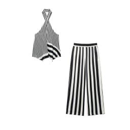 KONDALA Fashion 2026 Fall Striped Patchwork Women Blue Suit Neck-mounted Vest+ Modern Straight Pants Night Party Streetwear Set