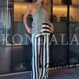 KONDALA Fashion 2026 Fall Striped Patchwork Women Blue Suit Neck-mounted Vest+ Modern Straight Pants Night Party Streetwear Set