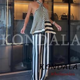 KONDALA Fashion 2026 Fall Striped Patchwork Women Blue Suit Neck-mounted Vest+ Modern Straight Pants Night Party Streetwear Set