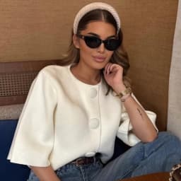 HXAO Women's Cropped Knit Cardigan Summer 2026 Elegant Off White Button O-Neck Short Sleeve Tops For Woman Resort Bolero Sweater