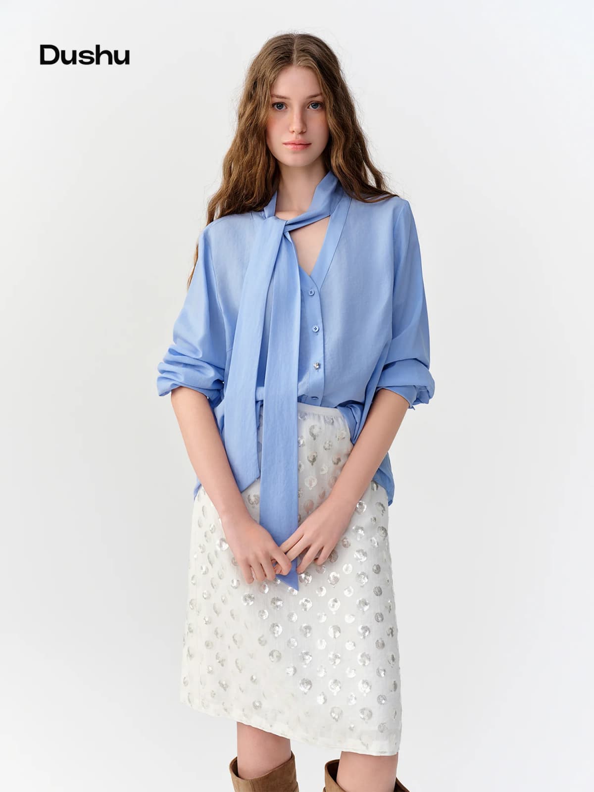 DUSHU 2026 Fall New Women Blue Elegant Blouse with Streamer Tie Commute Style Shirt Fashionable Top Available in Multiple Sizes