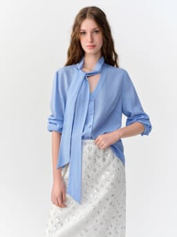 DUSHU 2026 Fall New Women Blue Elegant Blouse with Streamer Tie Commute Style Shirt Fashionable Top Available in Multiple Sizes