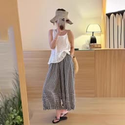 Summer thin classic retro black and white checkered women's high-waisted loose nine-eighths lantern pants (regular style)