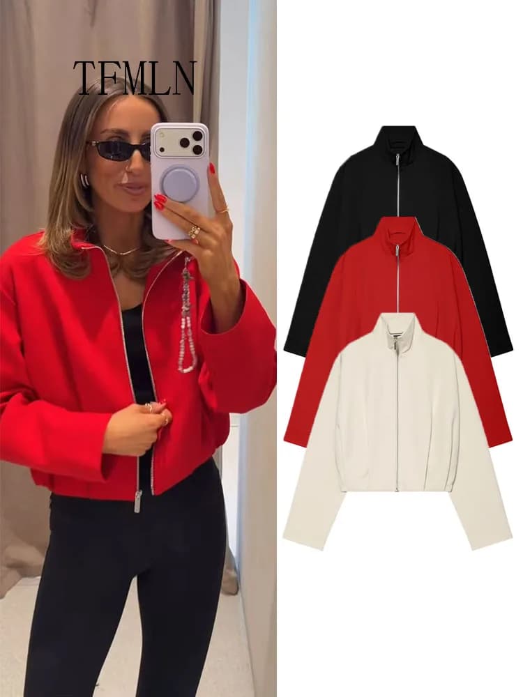 TFMLN Fashion Women Solid Bomber Jackets 2026 Autumn Causal Stand Collar Zipper Loose Coats High Street Daily Outwear