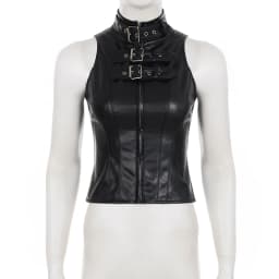SUCHCUTE Retro Punk Pu Leather Vest With Sleeve Cover Women Gothic Black Sleeveless Turtleneck Top Y2k Metal Decorative Clothing