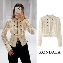 KONDALA Women Vintage Chic Lace Jacket 2026 Summer Early Fall Trendy Elegant Dating Dinner Jacket Rope Buttons Trim Slim Jacket