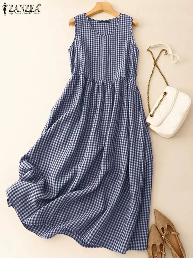 ZANZEA Summer Plaid Checked Sundress Sleeveless Bohemain Holiday Dresses Women Elegant O Neck Dress Casual Baggy Work Vestidos
