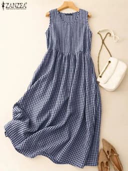ZANZEA Summer Plaid Checked Sundress Sleeveless Bohemain Holiday Dresses Women Elegant O Neck Dress Casual Baggy Work Vestidos