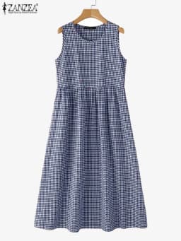 ZANZEA Summer Plaid Checked Sundress Sleeveless Bohemain Holiday Dresses Women Elegant O Neck Dress Casual Baggy Work Vestidos