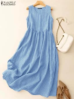 ZANZEA Summer Plaid Checked Sundress Sleeveless Bohemain Holiday Dresses Women Elegant O Neck Dress Casual Baggy Work Vestidos