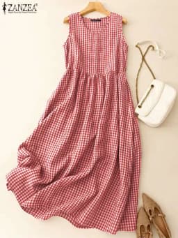 ZANZEA Summer Plaid Checked Sundress Sleeveless Bohemain Holiday Dresses Women Elegant O Neck Dress Casual Baggy Work Vestidos