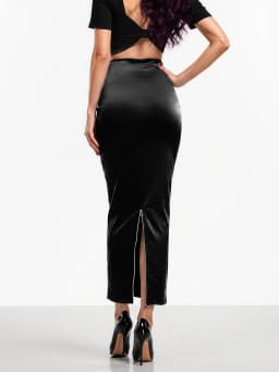 Ladies' New Material Matte Elastic Faux Leather Slim Pencil Skirts Office Women PU Leather Hem Zipper Slit Sexy Mid Skirt