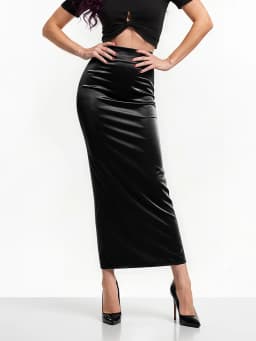 Ladies' New Material Matte Elastic Faux Leather Slim Pencil Skirts Office Women PU Leather Hem Zipper Slit Sexy Mid Skirt