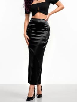 Ladies' New Material Matte Elastic Faux Leather Slim Pencil Skirts Office Women PU Leather Hem Zipper Slit Sexy Mid Skirt