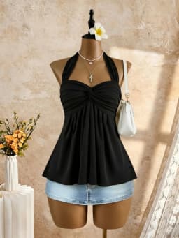Women Halter Twist Front Sweetheart Neck Flared Peplum Camisole 2026 Summer Y2K Solid White Sleeveless Flowy Beach Vacation Tank