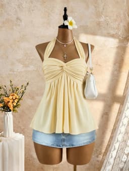 Women Halter Twist Front Sweetheart Neck Flared Peplum Camisole 2026 Summer Y2K Solid White Sleeveless Flowy Beach Vacation Tank