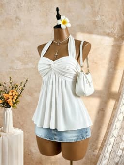 Women Halter Twist Front Sweetheart Neck Flared Peplum Camisole 2026 Summer Y2K Solid White Sleeveless Flowy Beach Vacation Tank