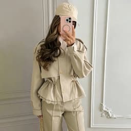 Women Lace Hem Cropped Trench Jacket Stand Collar Epaulet Button Closure Drawstring Waist Side Windbreaker Coat Ladies Outerwear
