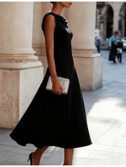 Women Draped Cowl Neck Sleeveless Waist Ruched Midi Dress Elegant Formal Wedding Guest Swing Dress