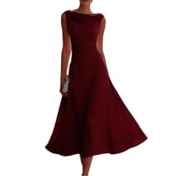 Women Draped Cowl Neck Sleeveless Waist Ruched Midi Dress Elegant Formal Wedding Guest Swing Dress