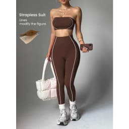Women Strapless Bandeau Sports Bra Seamless High Waist Yoga Leggings Set Padded Workout Fitness Gym 2 Piece Outfits