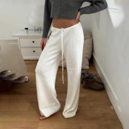 Basic Solid Low-Waisted Ribbed Knitted Pants Casual Loose Drawstring Wide Leg Pants Soft Comfy Lounge Wear Trousers Streetwear
