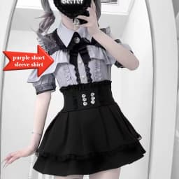 Dark Sweet Heart Ground Type Lolita Set, Ruffle Sleeve Top & A-line Skirt, Cute Kawaii Japanese Style Gothic Coord Outfit S-XL